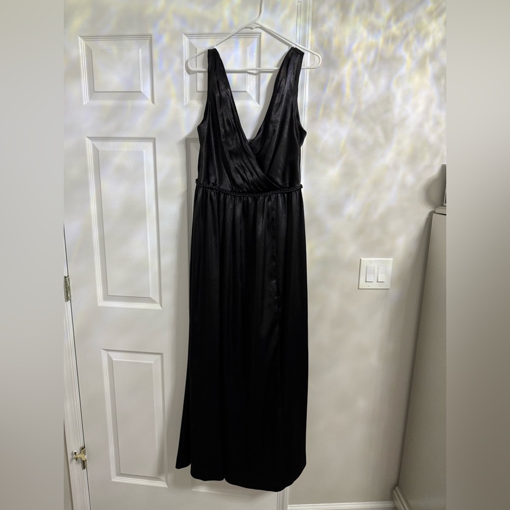 Azazie Tanicia Black A-Line Pleated Metallic Satin Dress Size 14